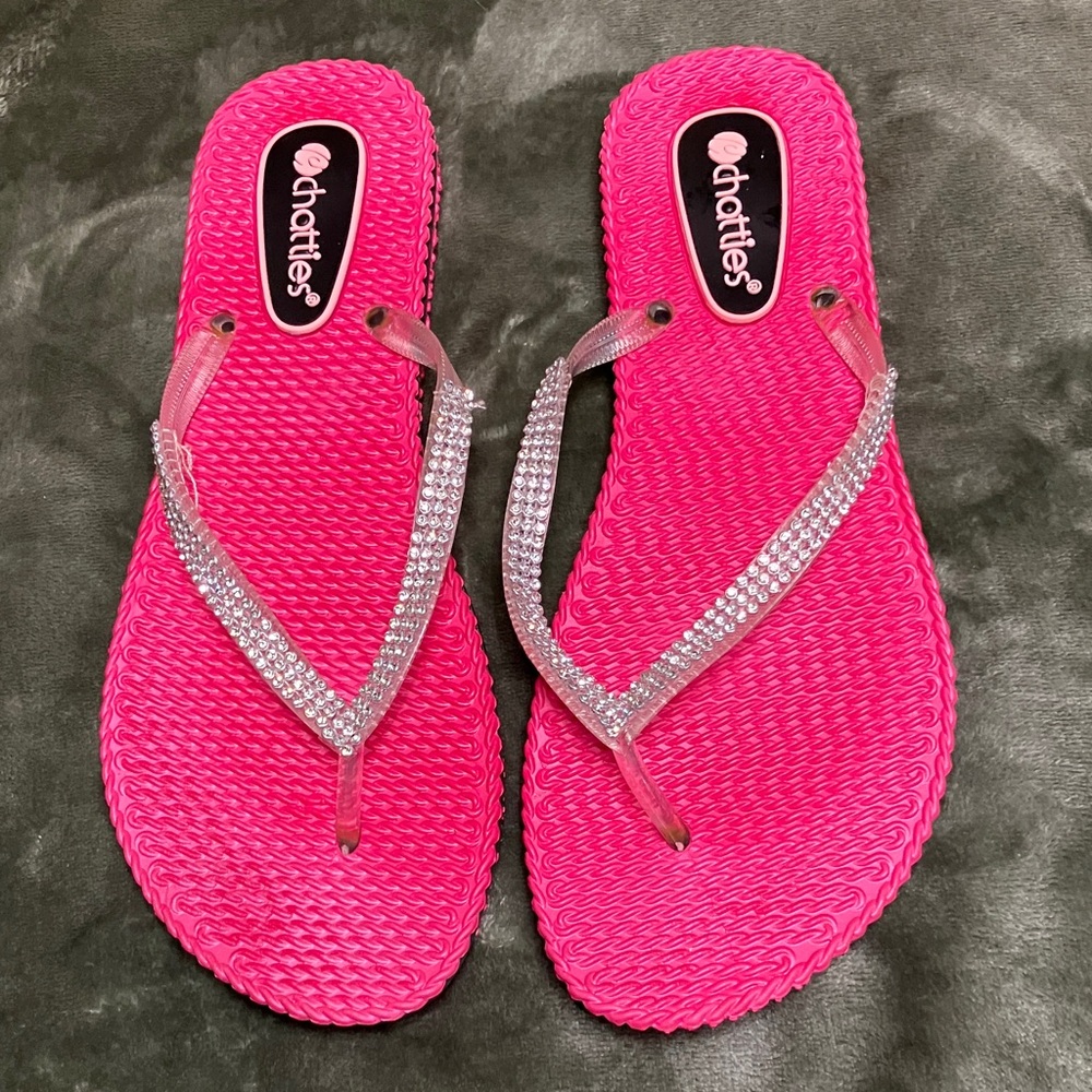 chatties Hot Pink Rhinestone Strap Flip Flop Sandals